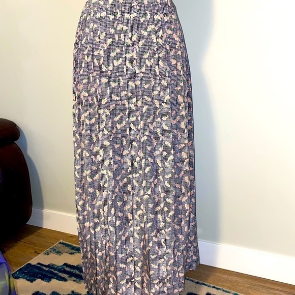 Vtg 100% Silk Floral Houndstooth Pleated Maxi Skirt Elastic 14” Stretch Waist M - Picture 4 of 6